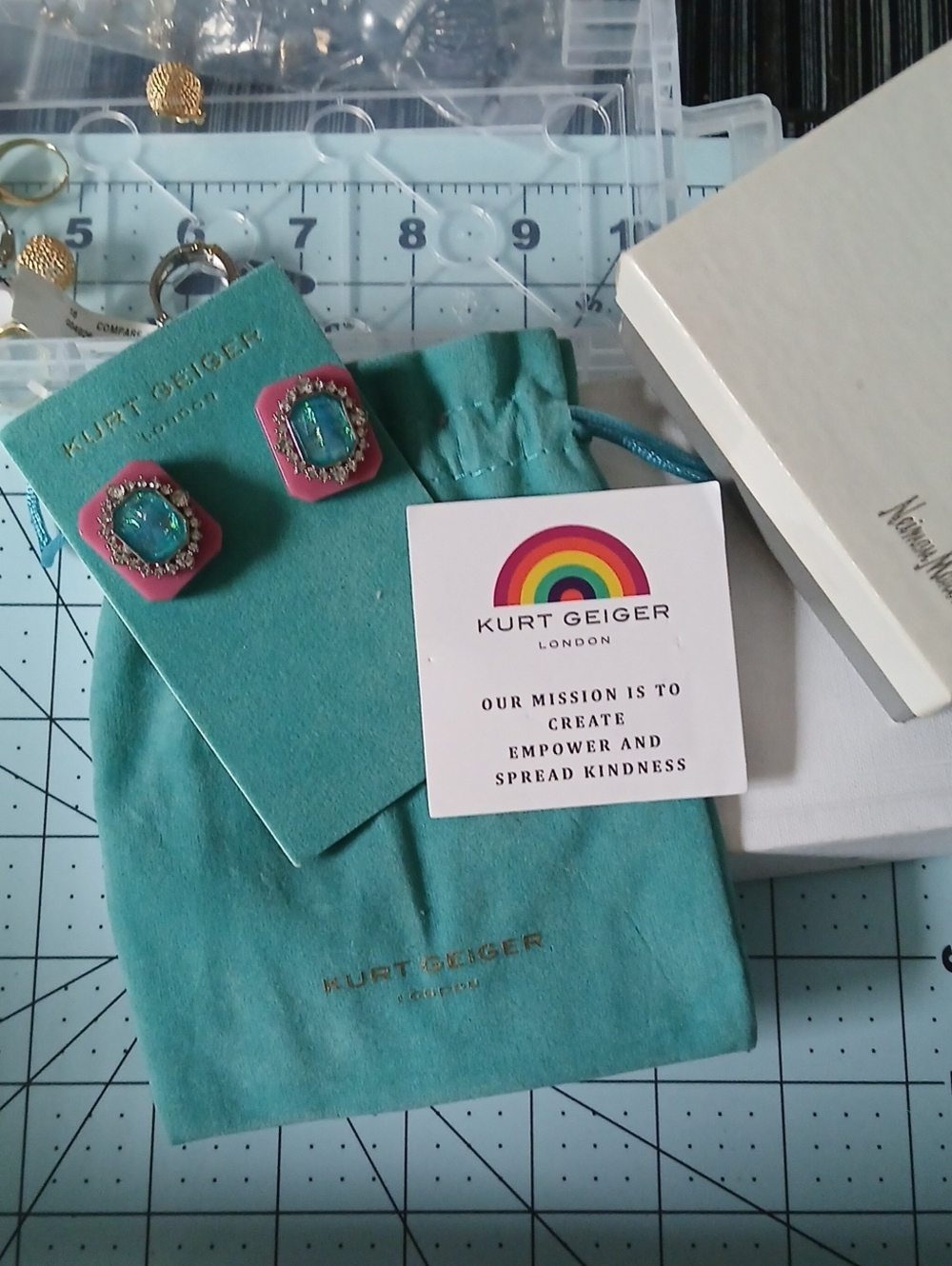 Kurt Geiger Pink and Turquoise Crystal Clip-On Earrings